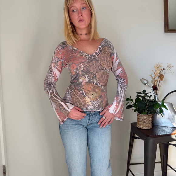 Goa LA Y2K Patchwork Mesh Long Sleeve Top XS S - Picture 2 of 9